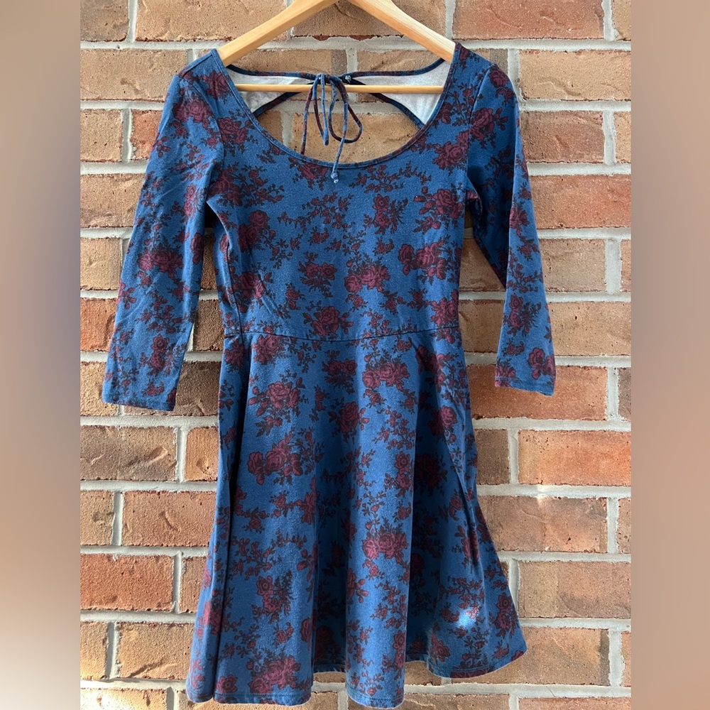American Eagle Blue Floral Scoop-Back Skater Dress